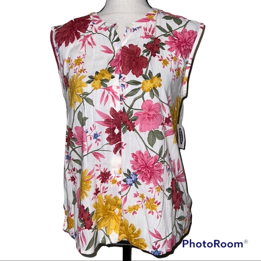 Old Navy White Floral Sleeveless Tank with Pink, Yellow & Red Blooms